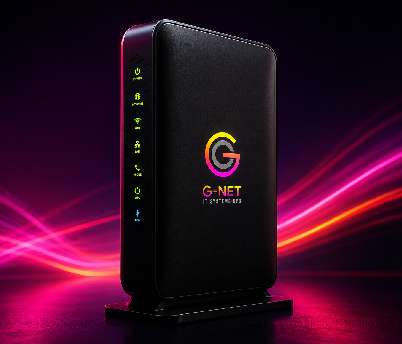 G-NET branded fiber router with neon light trails